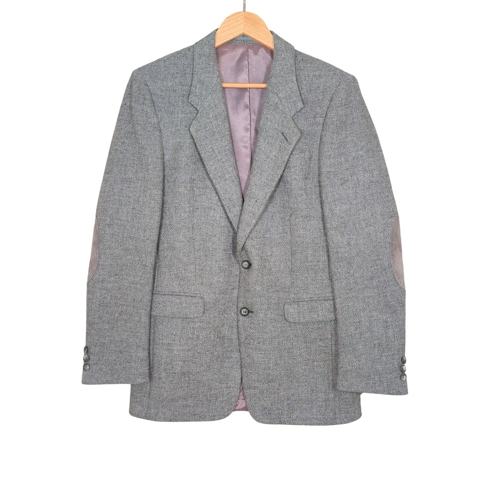 Coppley Men's Pure Virgin Wool Tweed Blazer Elbow Patches Gray 38R